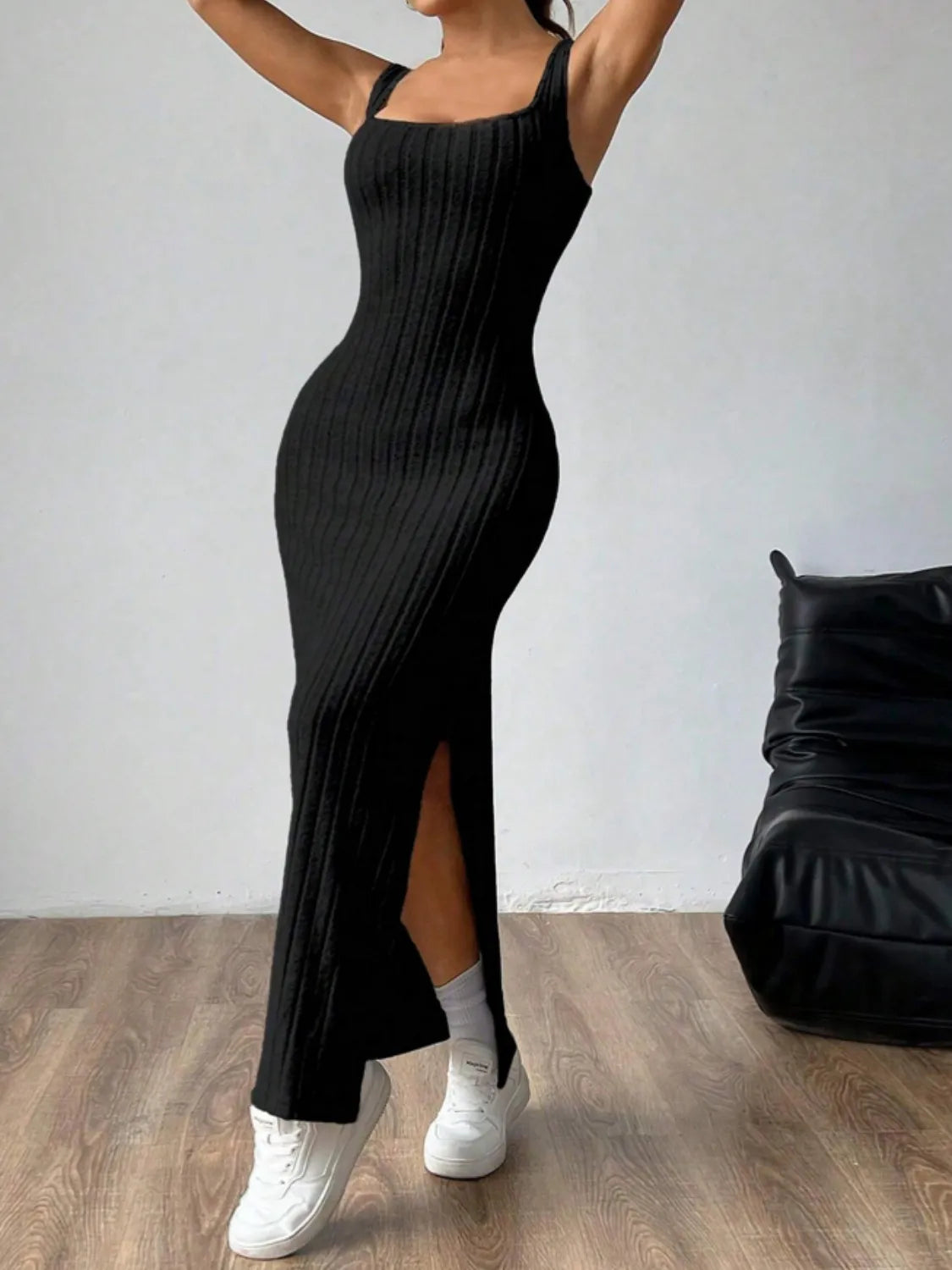 Cutout Square Neck Wide Strap Knit Dress - Tigbul's Variety Fashion Shop