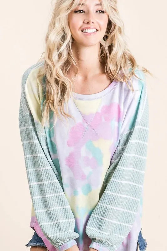 BiBi Tie Dye Terry Top with Wide Stripe Thermal Waffle - Tigbul's Variety Fashion Shop