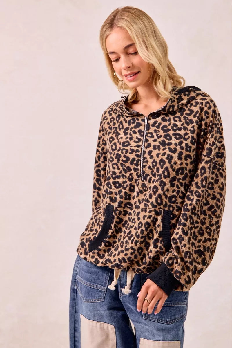 BiBi Leopard Print Waffle Half Zip Up Hoodie W Pocket - Tigbul's Variety Fashion Shop