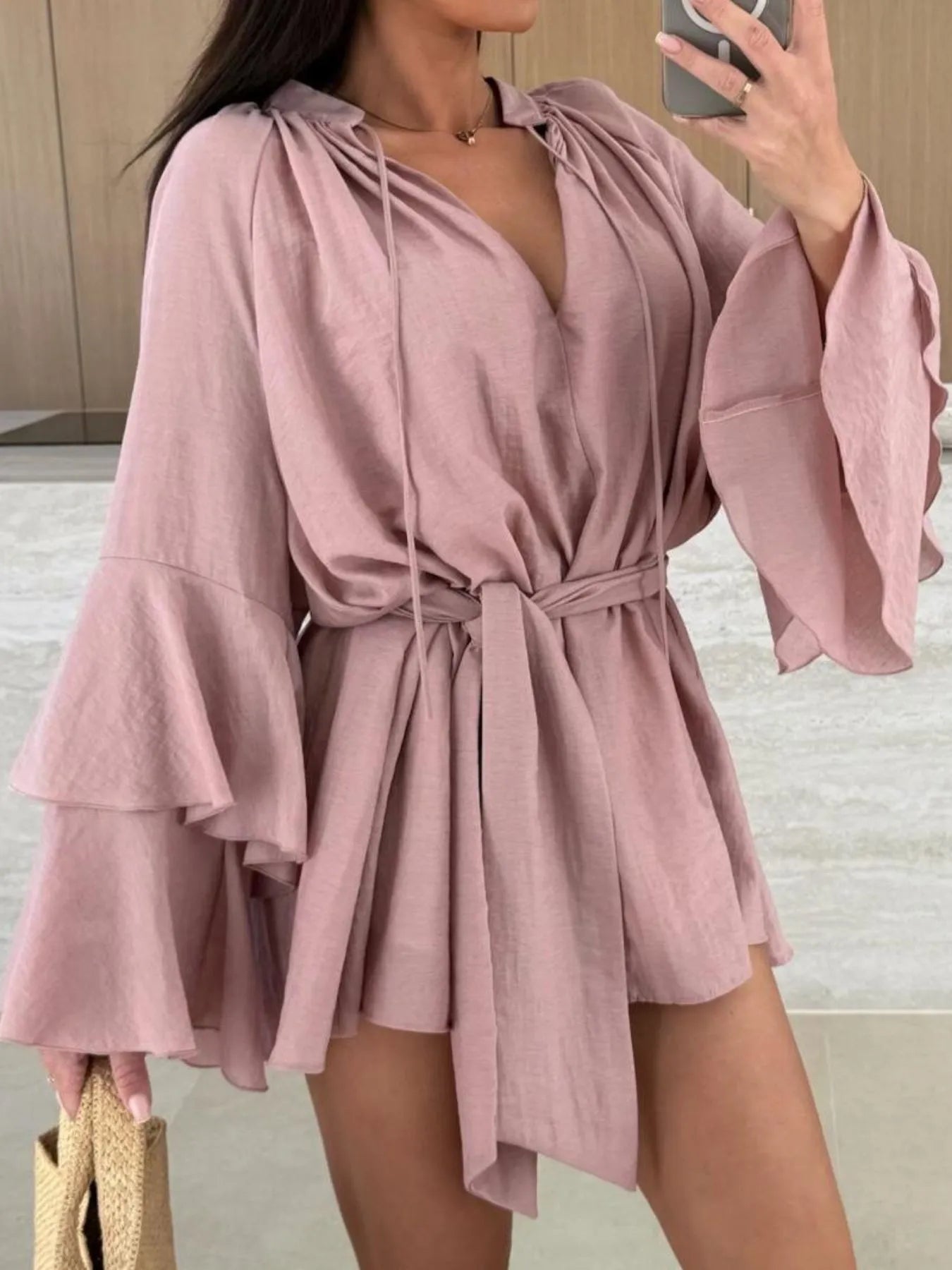 Bell Sleeve Tie Waist Mini Shirt Dress - Tigbul's Variety Fashion Shop