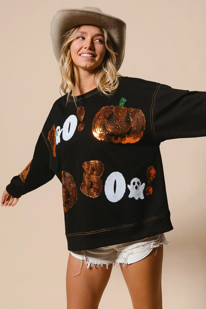 BiBi Halloween Theme Sequin Embroideries Sweatshirt - Tigbul's Variety Fashion Shop