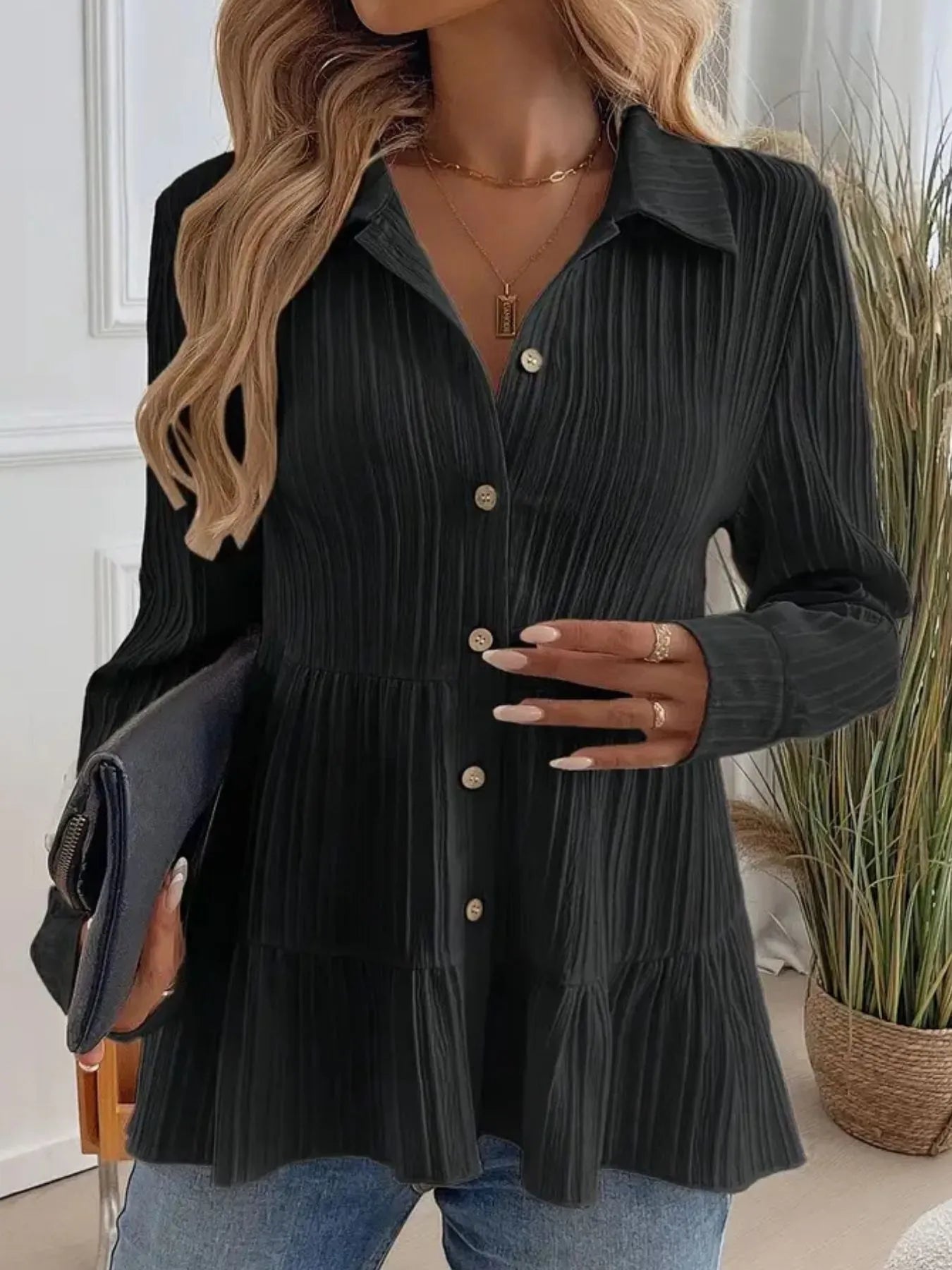 Striped Button-Down Tiered Shirt - Tigbul's Variety Fashion Shop
