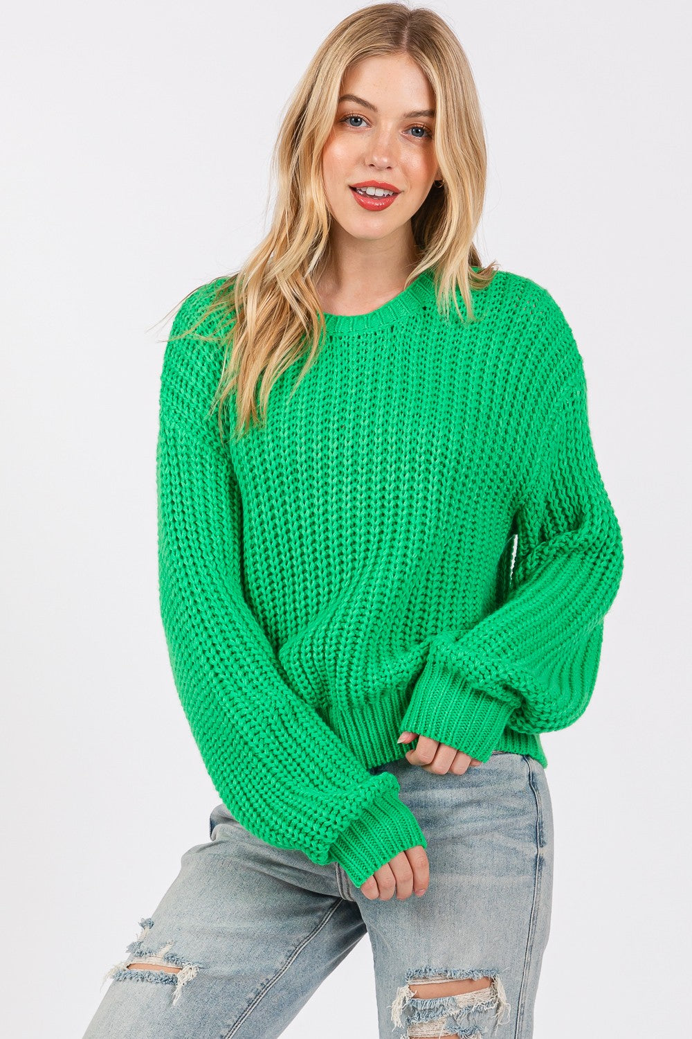 Green Round Neck Drop Shoulder Sweater - Tigbul's Variety Fashion Shop