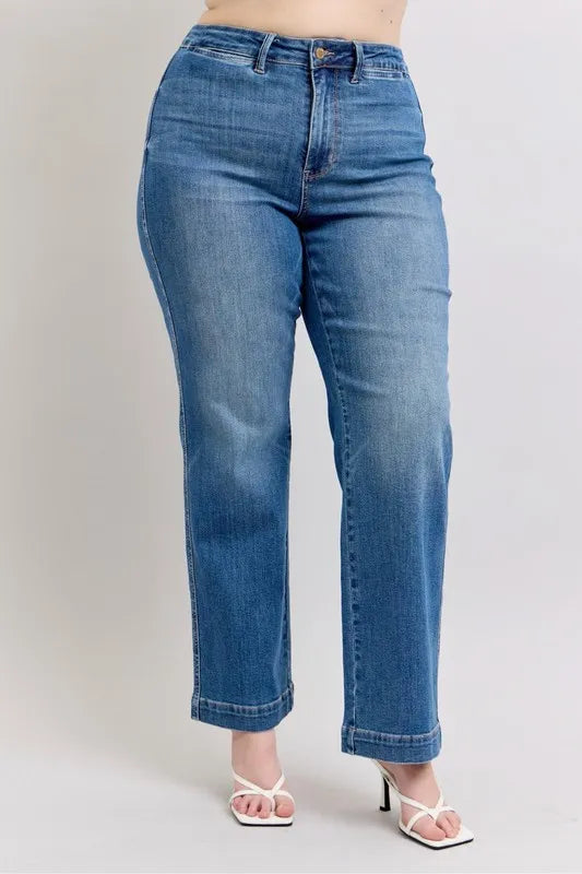 Judy Blue Full Size High Waist Contrast Thread Straight Plus Size - Tigbul's Variety Fashion Shop