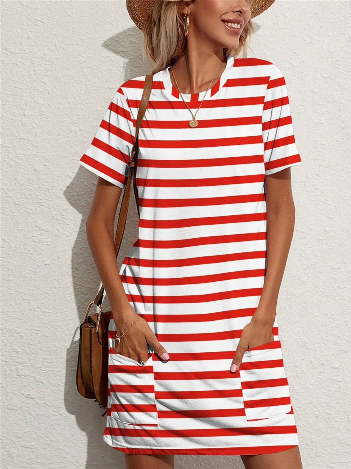 Contrast Striped Round Neck Short Sleeve Dress - Tigbul's Variety Fashion Shop