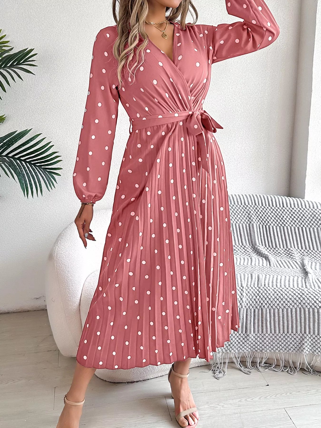 Front Tie Polka Dot Midi Pleated Dress - Tigbul's Variety Fashion Shop