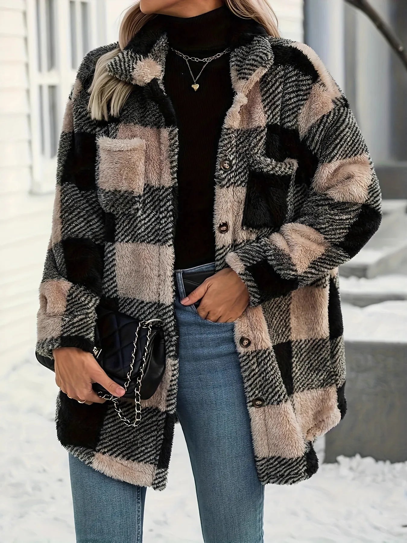 Button Down Collared Neck Plaid Teddy Coat with Pockets - Tigbul's Variety Fashion Shop