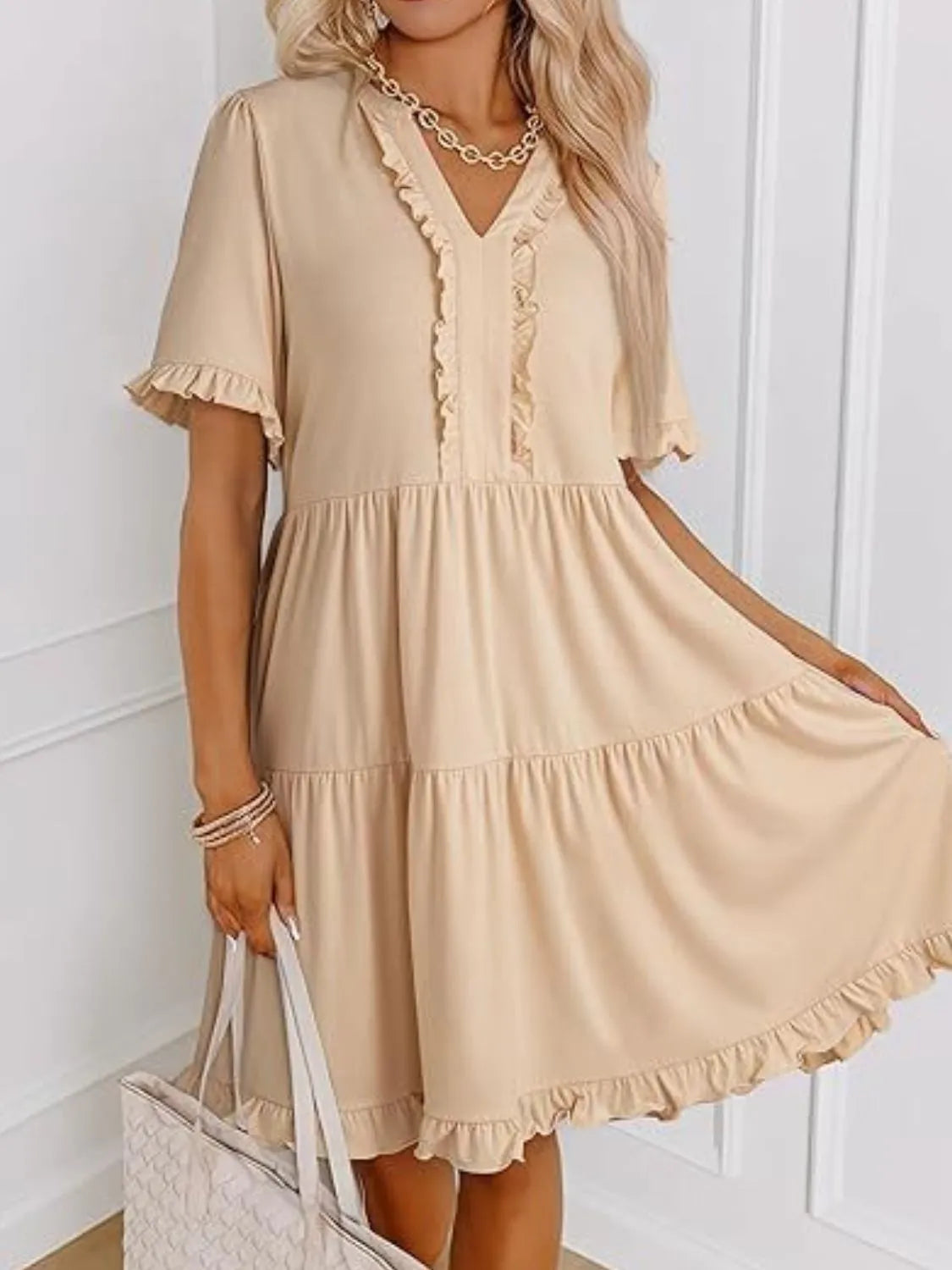 Tiered Notched Short Sleeve Mini Dress - Tigbul's Variety Fashion Shop