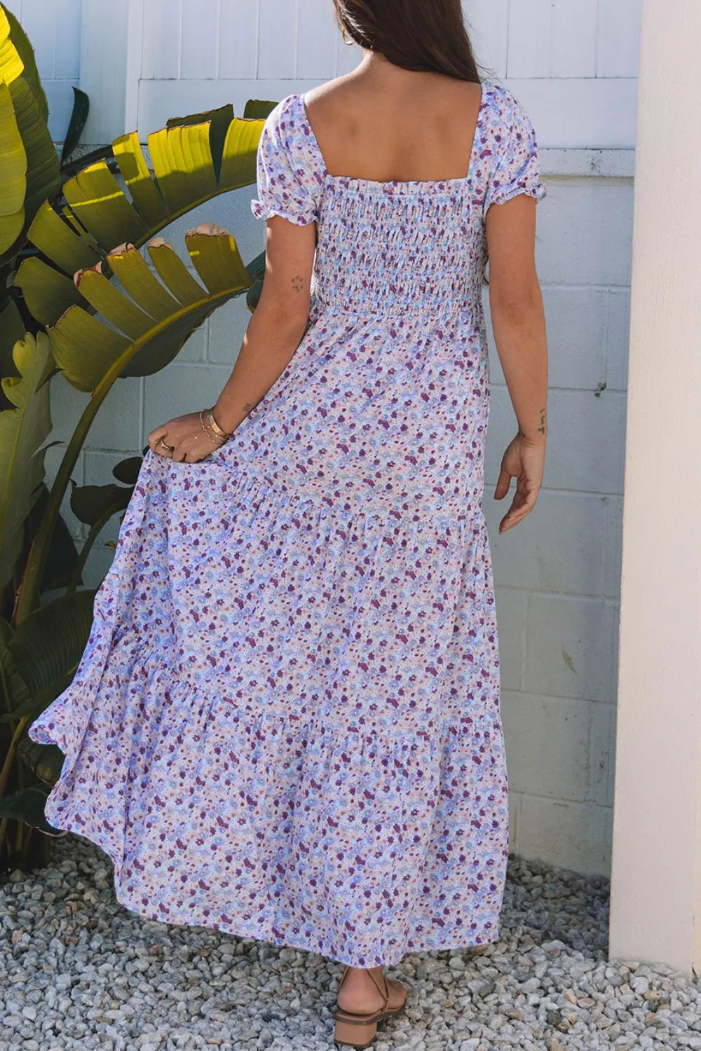 Lavender Tiered Floral Shirred High Waist Maxi Dress - Tigbul's Variety Fashion Shop