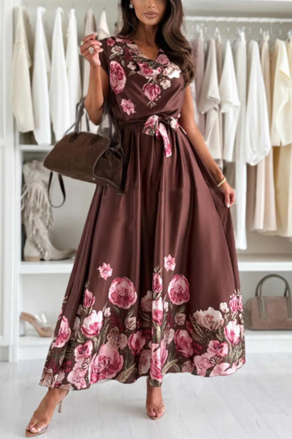 Floral Print Cap Sleeve Dress with Belt - Tigbul's Variety Fashion Shop