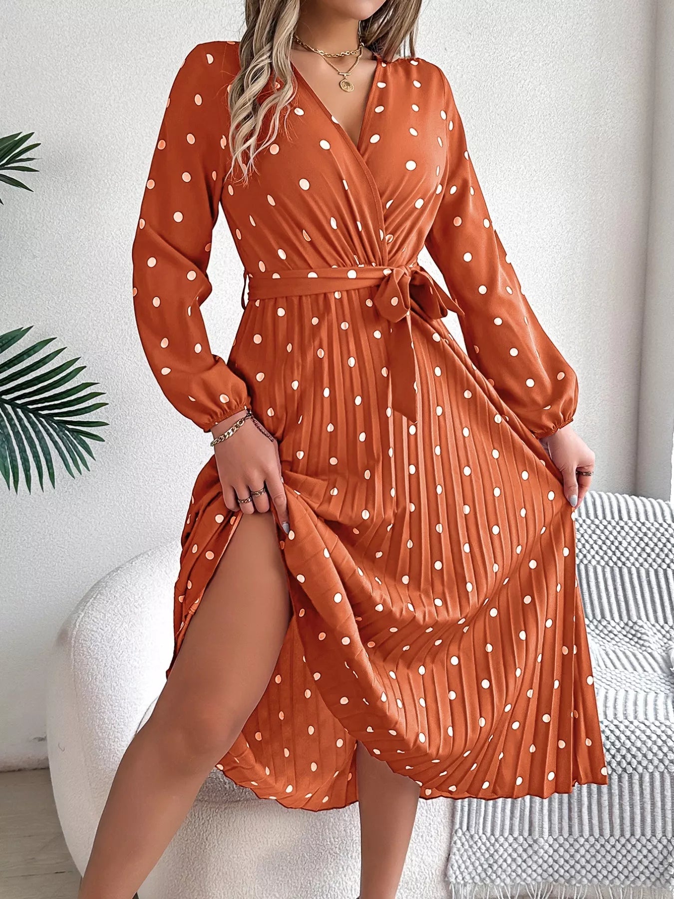 Front Tie Polka Dot Midi Pleated Dress - Tigbul's Variety Fashion Shop