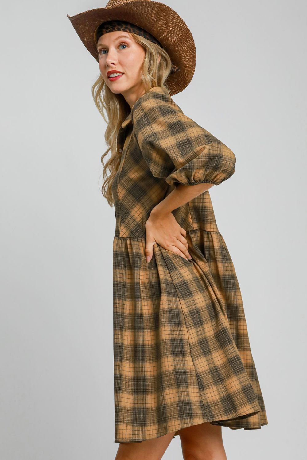 Umgee Full Size Plaid Button Front Collared Neck Mini Shirt Dress Plus Size - Tigbul's Variety Fashion Shop