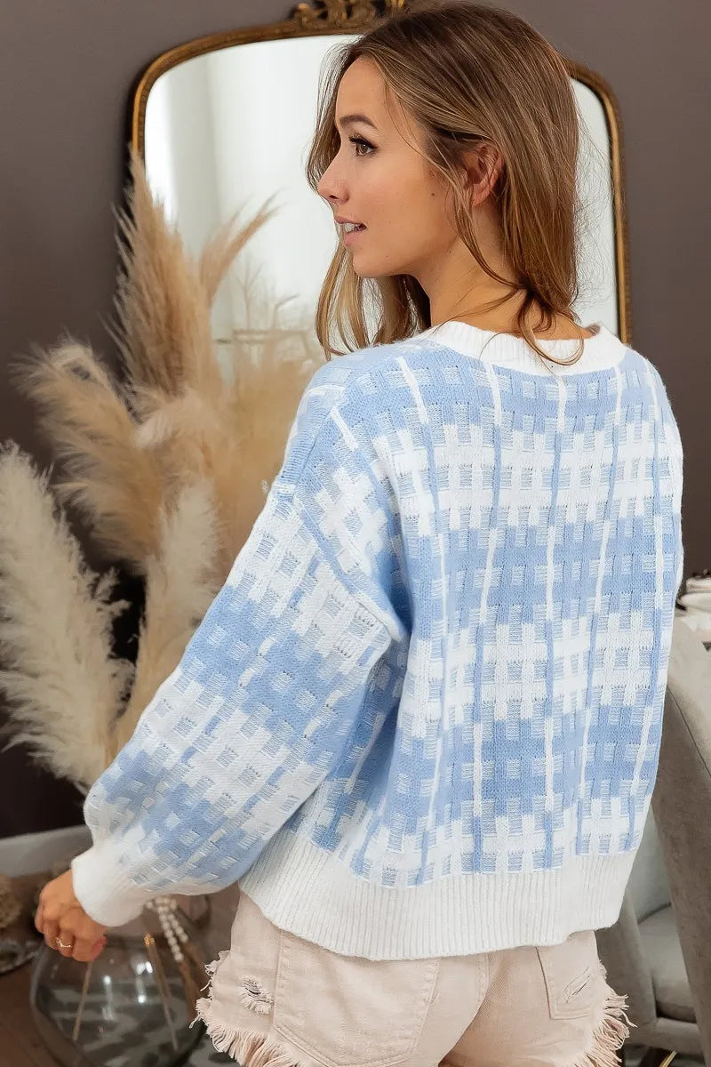 BiBi Hashtag Grid Textured V-Neck Sweater - Tigbul's Variety Fashion Shop