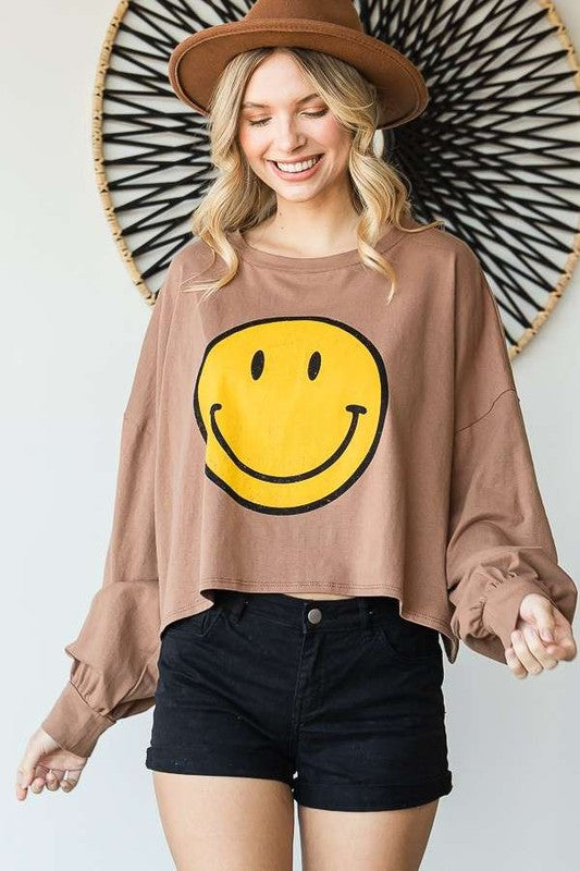SMILEY FACE LONG SLEEVE CROP TOP - Tigbul's Variety Fashion Shop