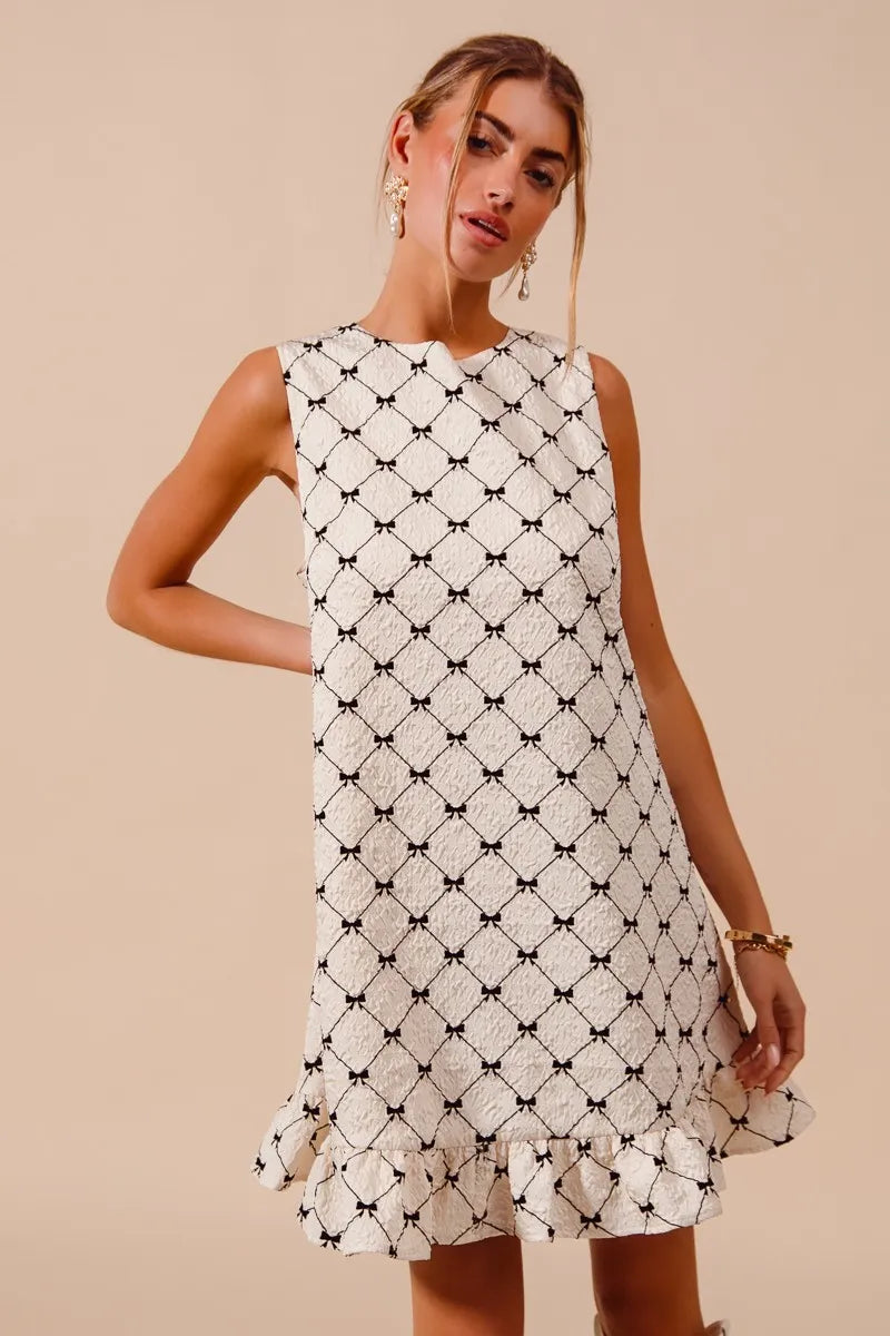 SO ME Texture Bow Printed Mini Ruffle Dress - Tigbul's Variety Fashion Shop