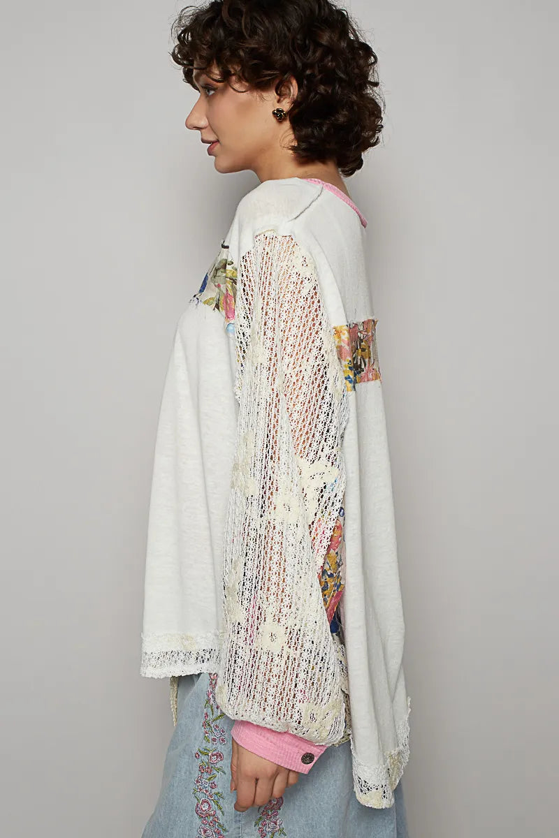 POL Button Detail Floral Patchwork Crochet Sleeve Blouse - Tigbul's Variety Fashion Shop