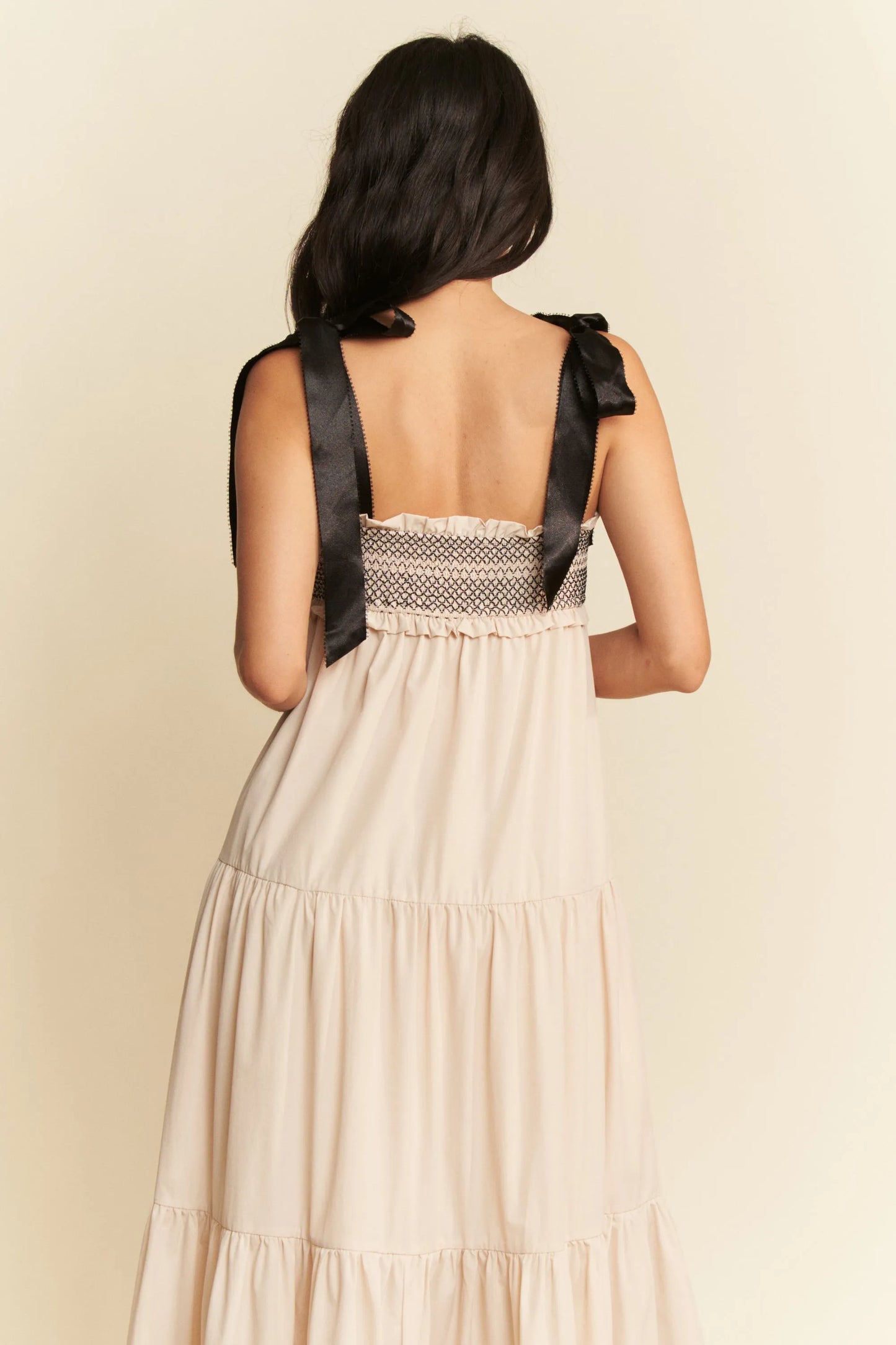 Beige Multi Contrast Smocked Bodice Straps Maxi Dress - Tigbul's Variety Fashion Shop