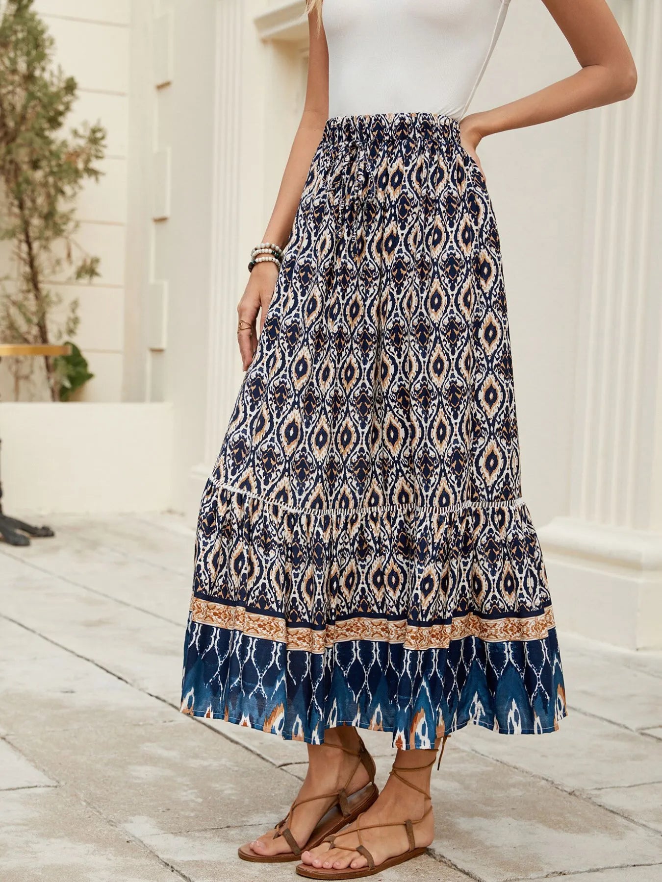 Bohemian Printed Ruched Maxi Skirt - Tigbul's Variety Fashion Shop