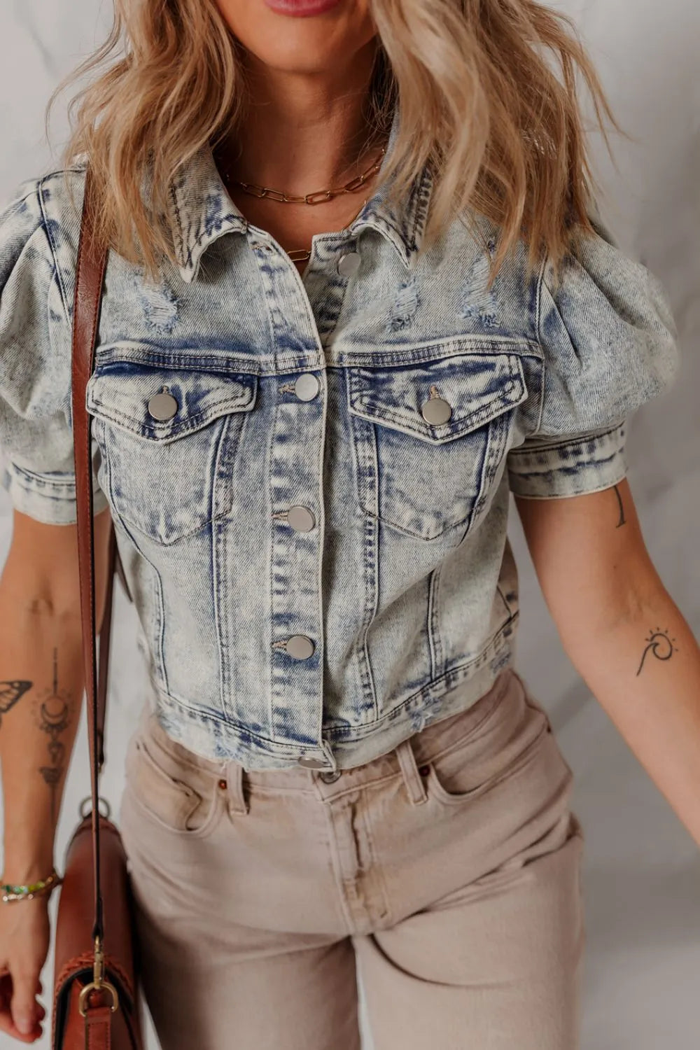Wash Buttoned Chest Pocket Puff Sleeve Denim Jacket - Tigbul's Variety Fashion Shop