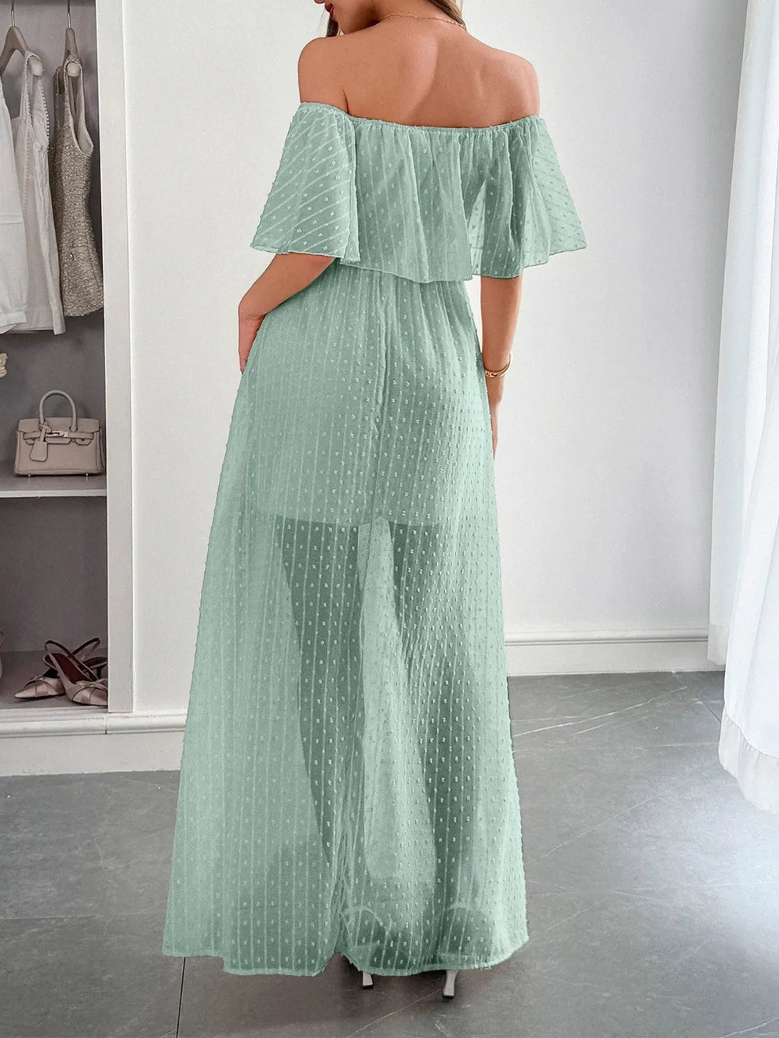 Swiss Dot Off Shoulder Maxi Dress - Tigbul's Variety Fashion Shop