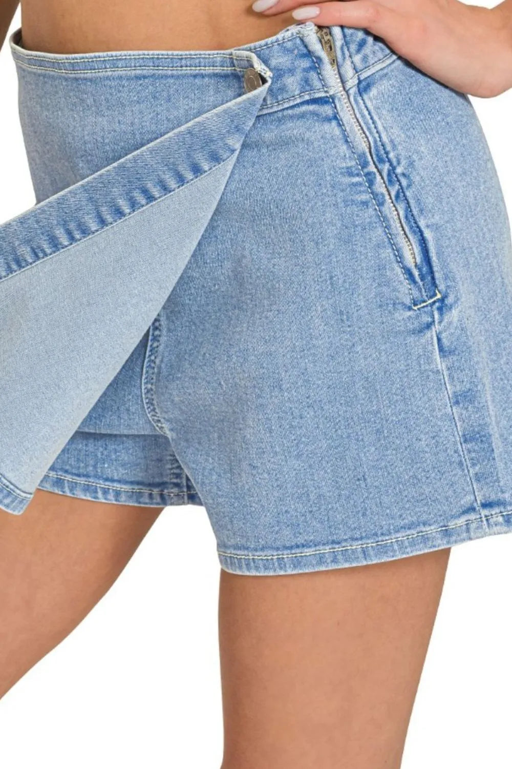 Zenana Wrap Front Skort Denim Shorts - Tigbul's Variety Fashion Shop