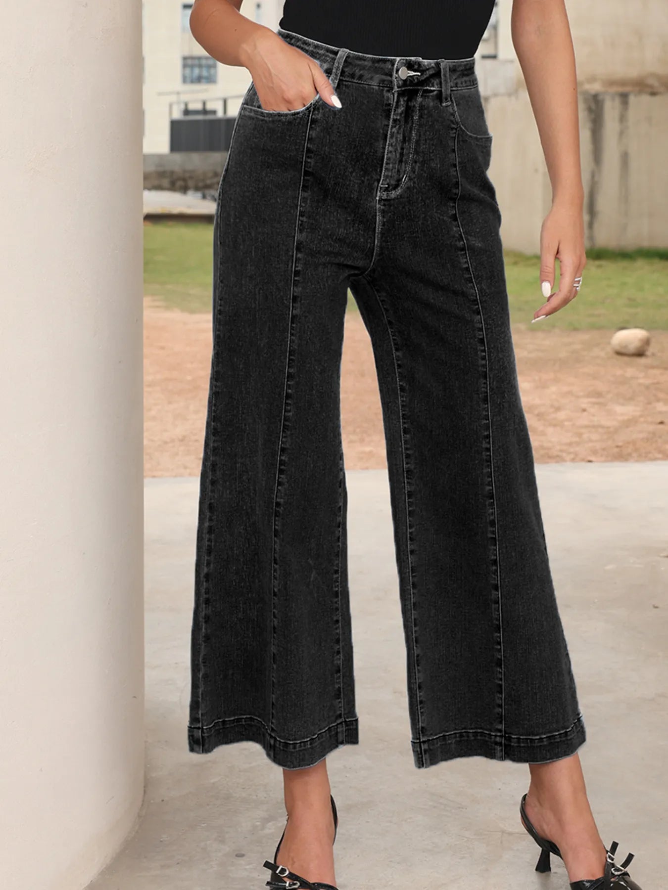 Seam Detail Flared Bottom Ankle Length Jeans - Tigbul's Variety Fashion Shop