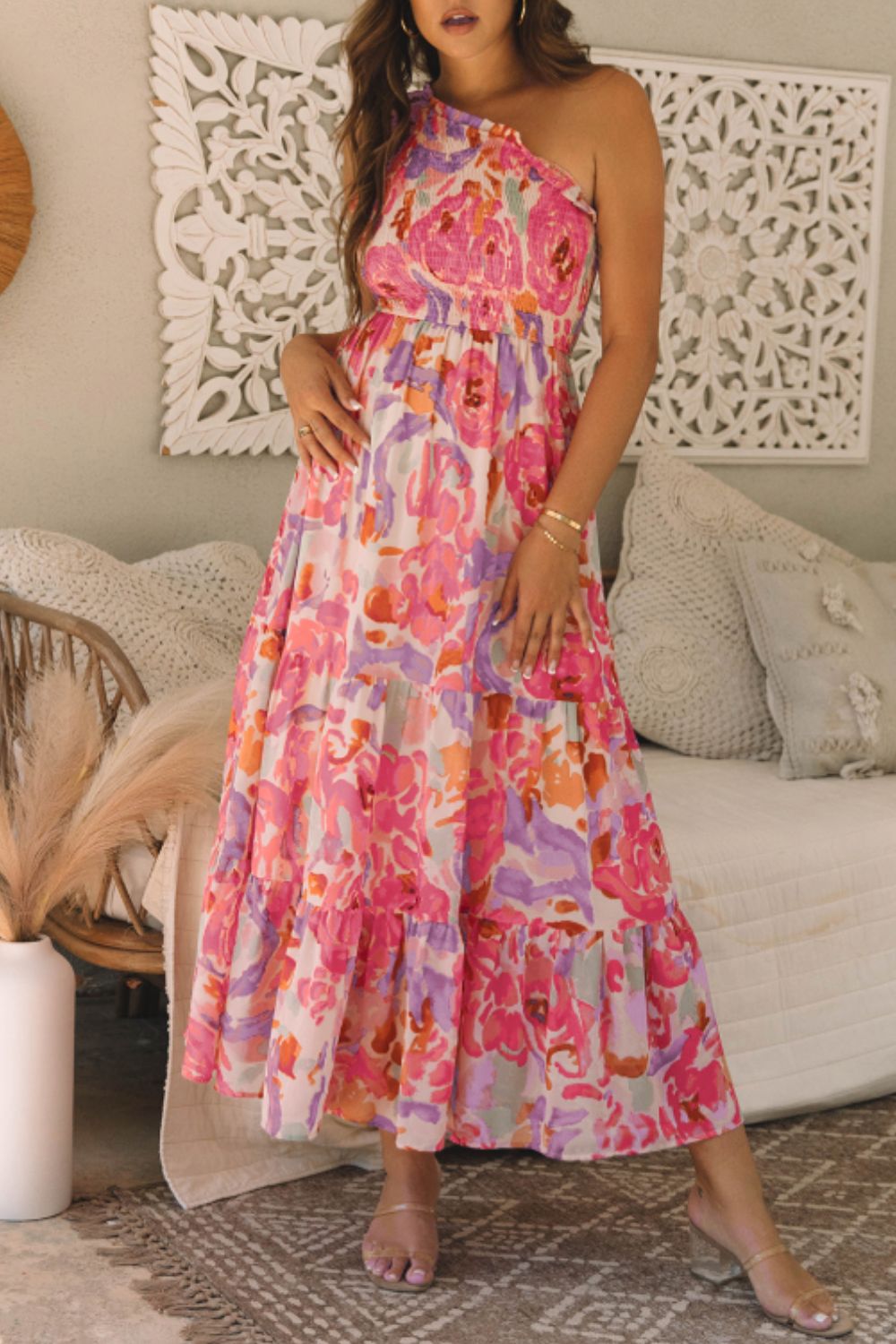 Floral Print Shirred One Shoulder Maxi Dress - Tigbul's Variety Fashion Shop