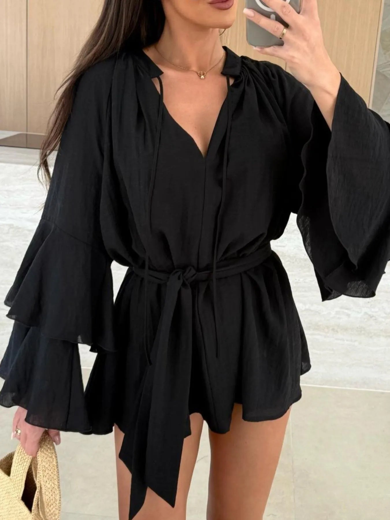 Bell Sleeve Tie Waist Mini Shirt Dress - Tigbul's Variety Fashion Shop