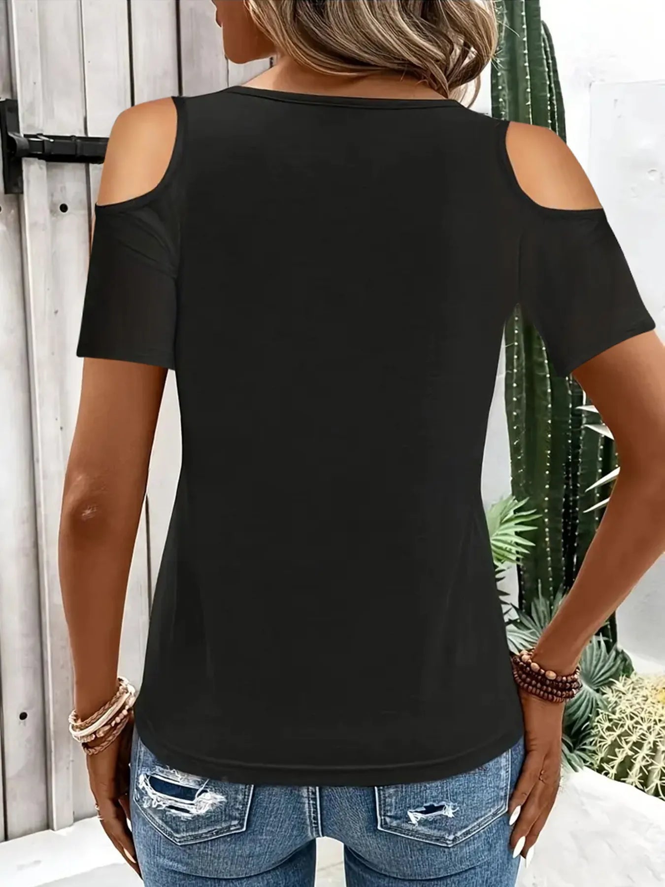 Cold Shoulder T-Shirt with Metal Ring Detail - Tigbul's Variety Fashion Shop