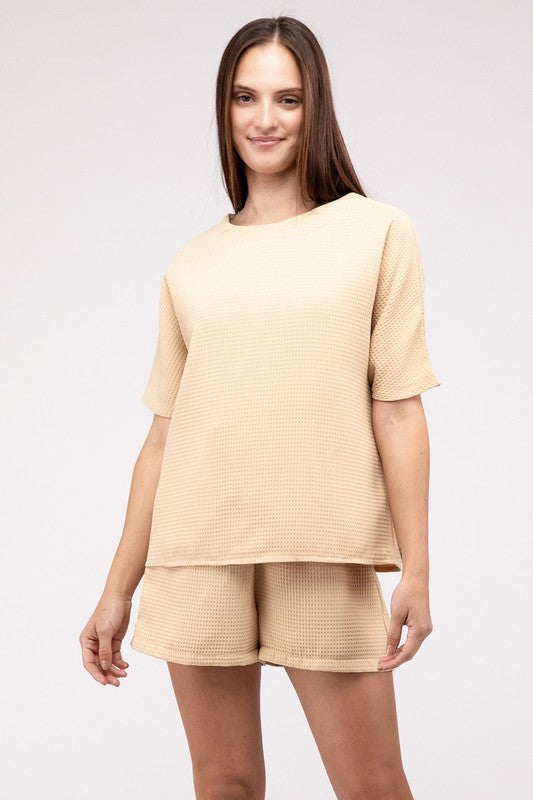 Waffle Round Neck Top and Short Set - Tigbul's Variety Fashion Shop