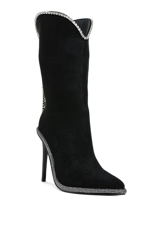 Ashipa Diamante Chain Detail Calf Boots 4 inch Heels - Tigbul's Variety Fashion Shop