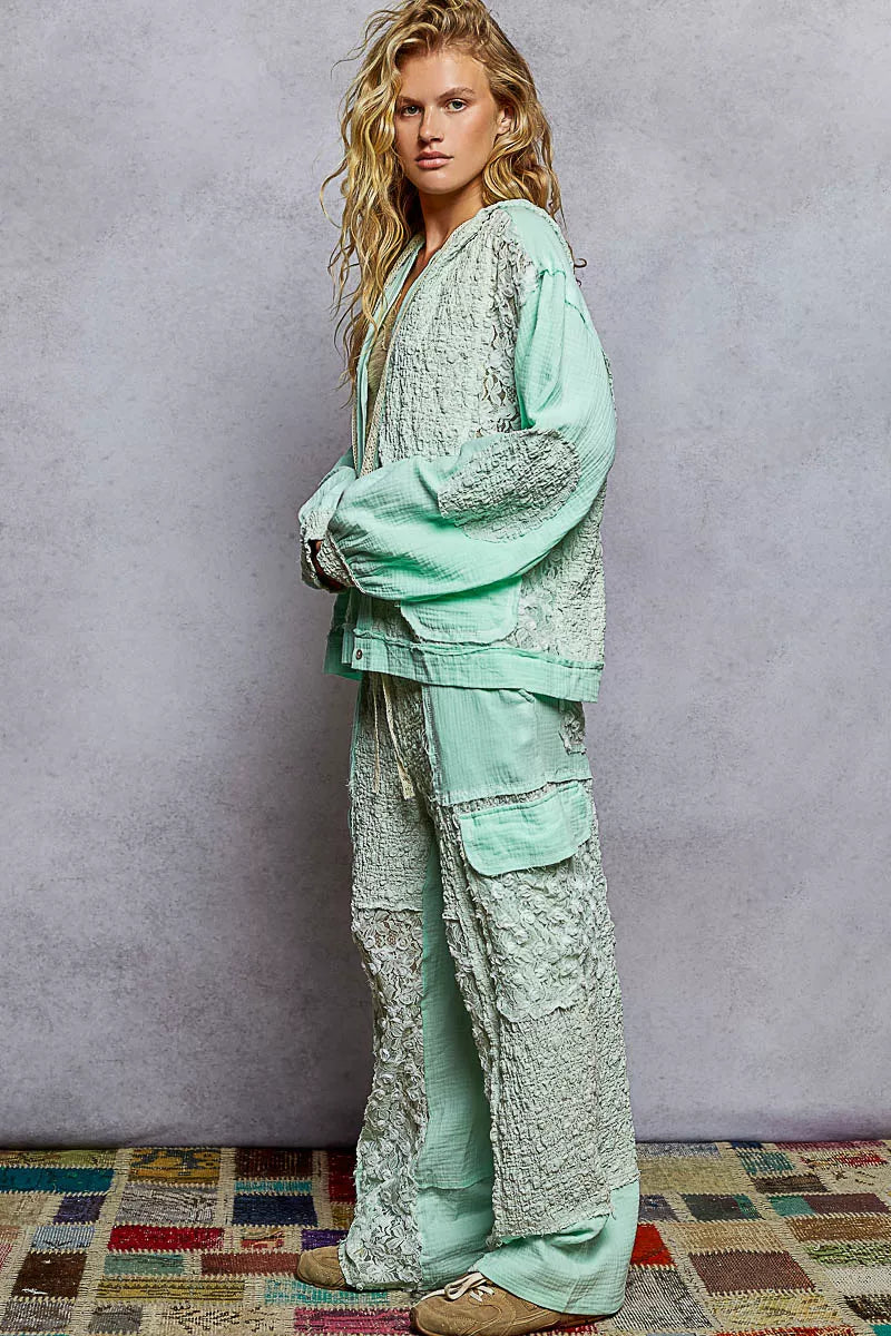 POL Exposed Seam Button Down Hooded Jacket with Lace Detail - Tigbul's Variety Fashion Shop