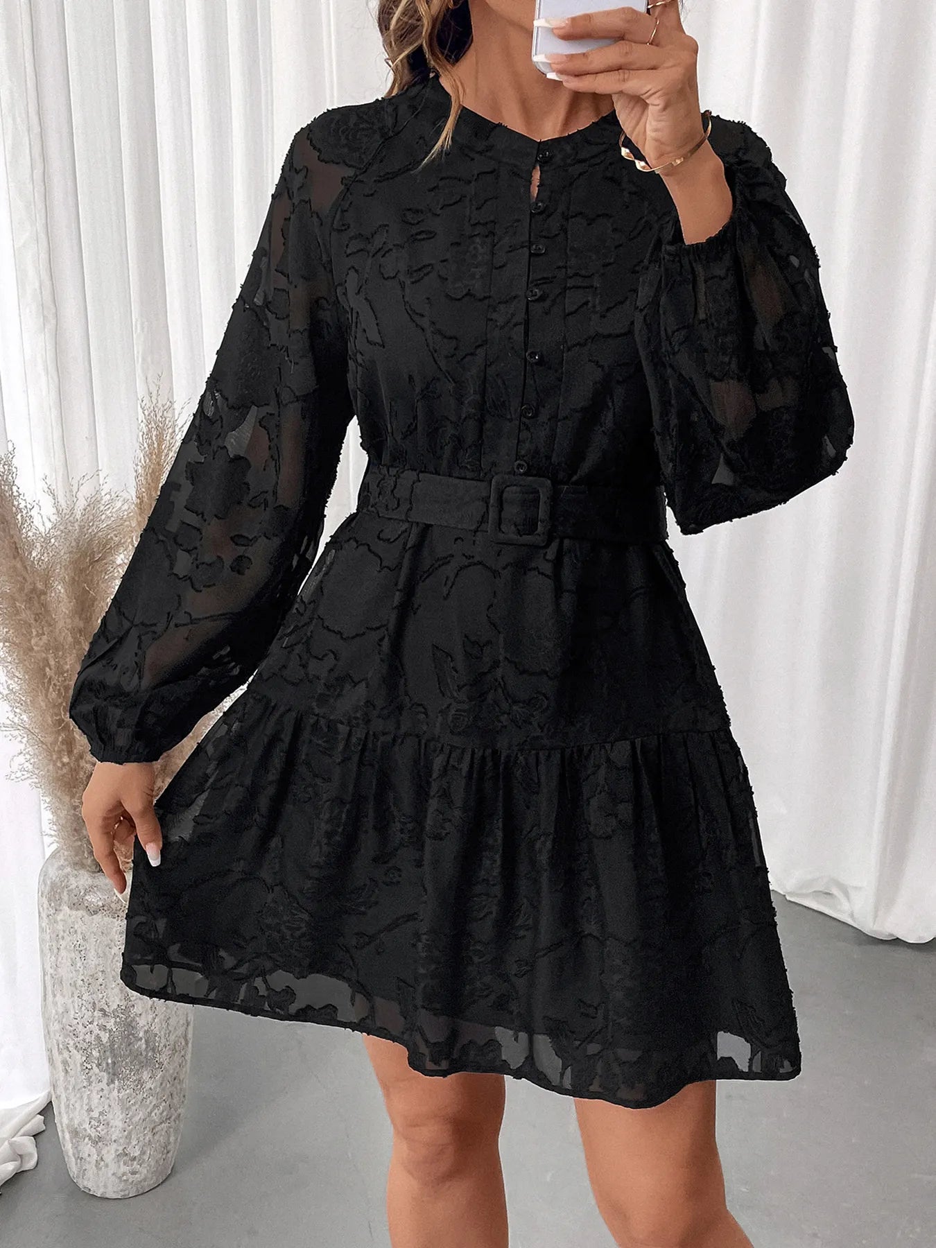 Button-Front Balloon Sleeve Mini Dress - Tigbul's Variety Fashion Shop