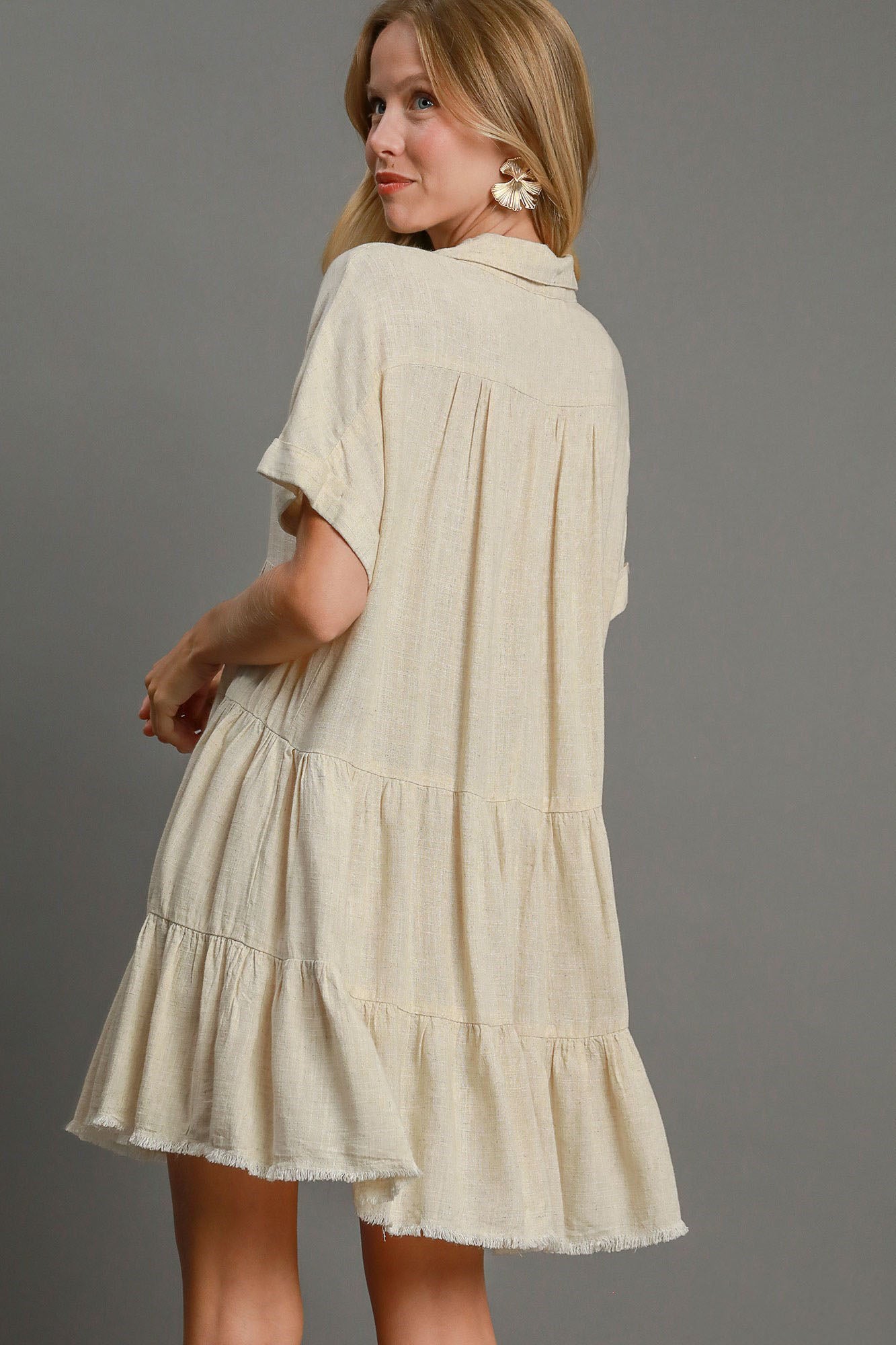 Beige Raw Hem Folded Sleeve Tiered Dress - Tigbul's Variety Fashion Shop