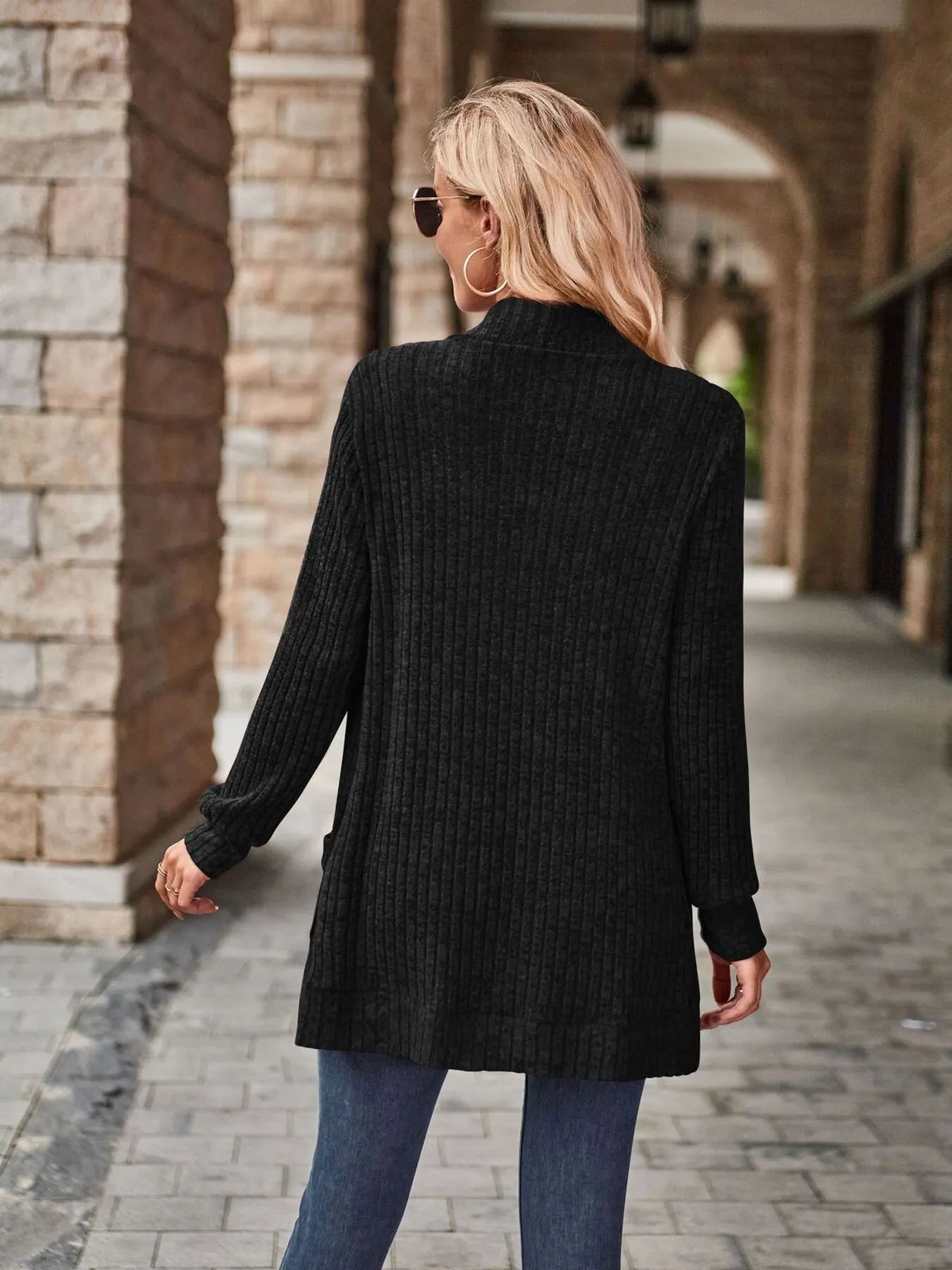 Ribbed Open Front Long Cardigan with Pockets - Tigbul's Variety Fashion Shop