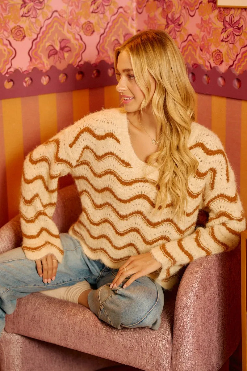 BiBi Wavy Stripes V-Neck Cropped Sweater - Tigbul's Variety Fashion Shop