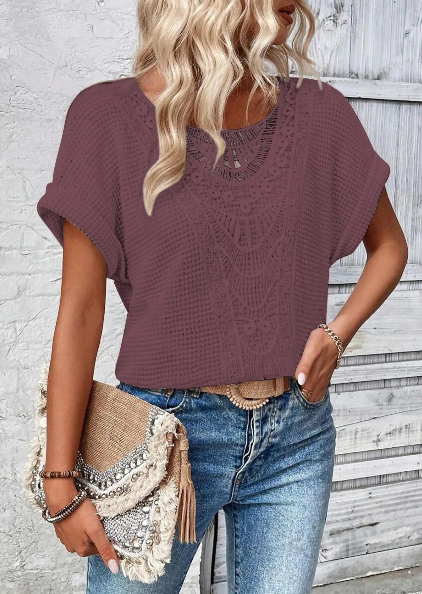 Crochet Lace Short Sleeve Casual T-Shirt - Tigbul's Variety Fashion Shop