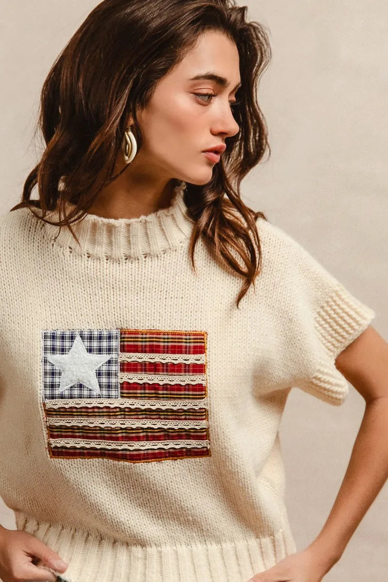 BiBi American Flag Patchwork Drop Shoulder Sweater - Tigbul's Variety Fashion Shop