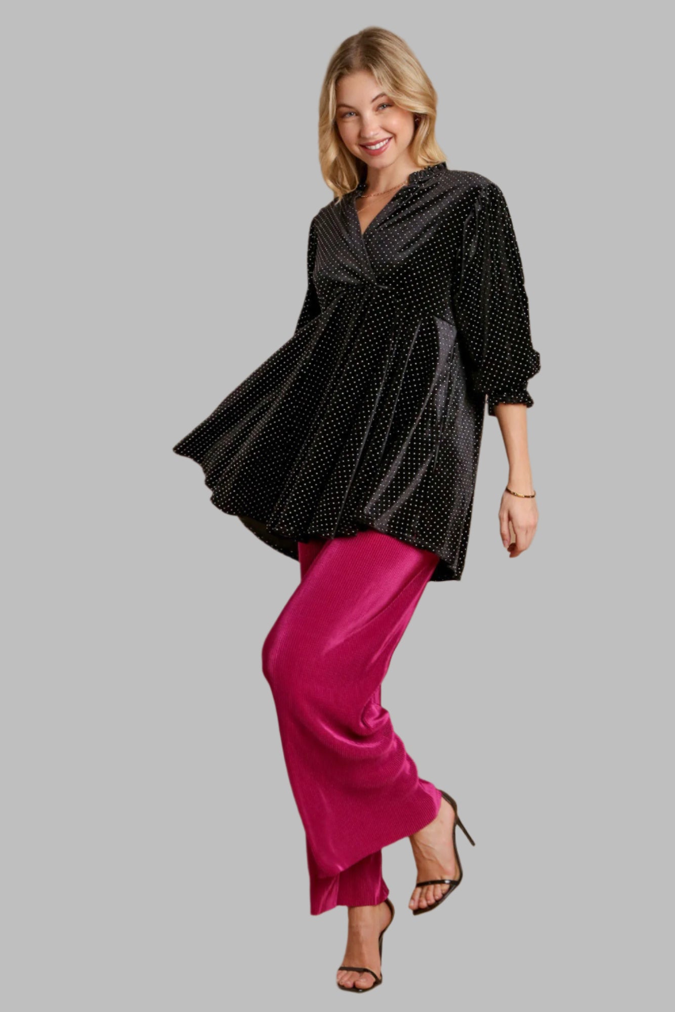Beaded Frill Flounce Sleeve Black Velvet Babydoll Blouse - Tigbul's Variety Fashion Shop