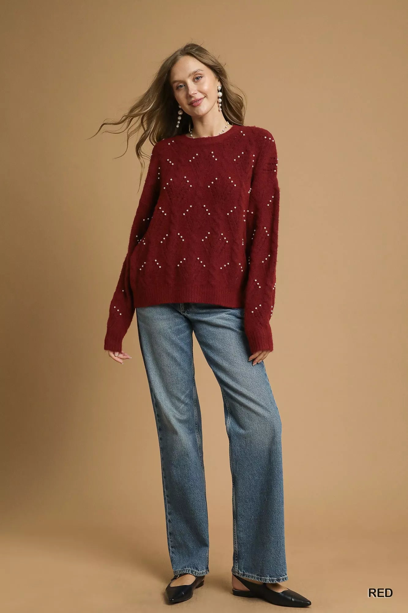 Umgee Pearl-Embellished Long Sleeve Sweater - Tigbul's Variety Fashion Shop