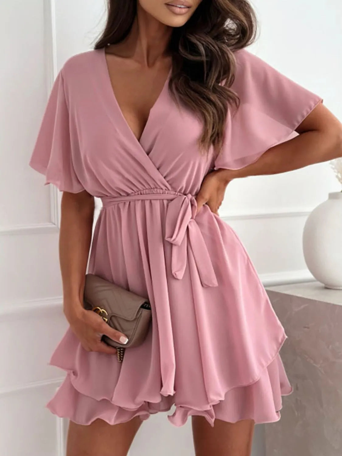 Surplice Flutter Sleeve Mini Dress - Tigbul's Variety Fashion Shop