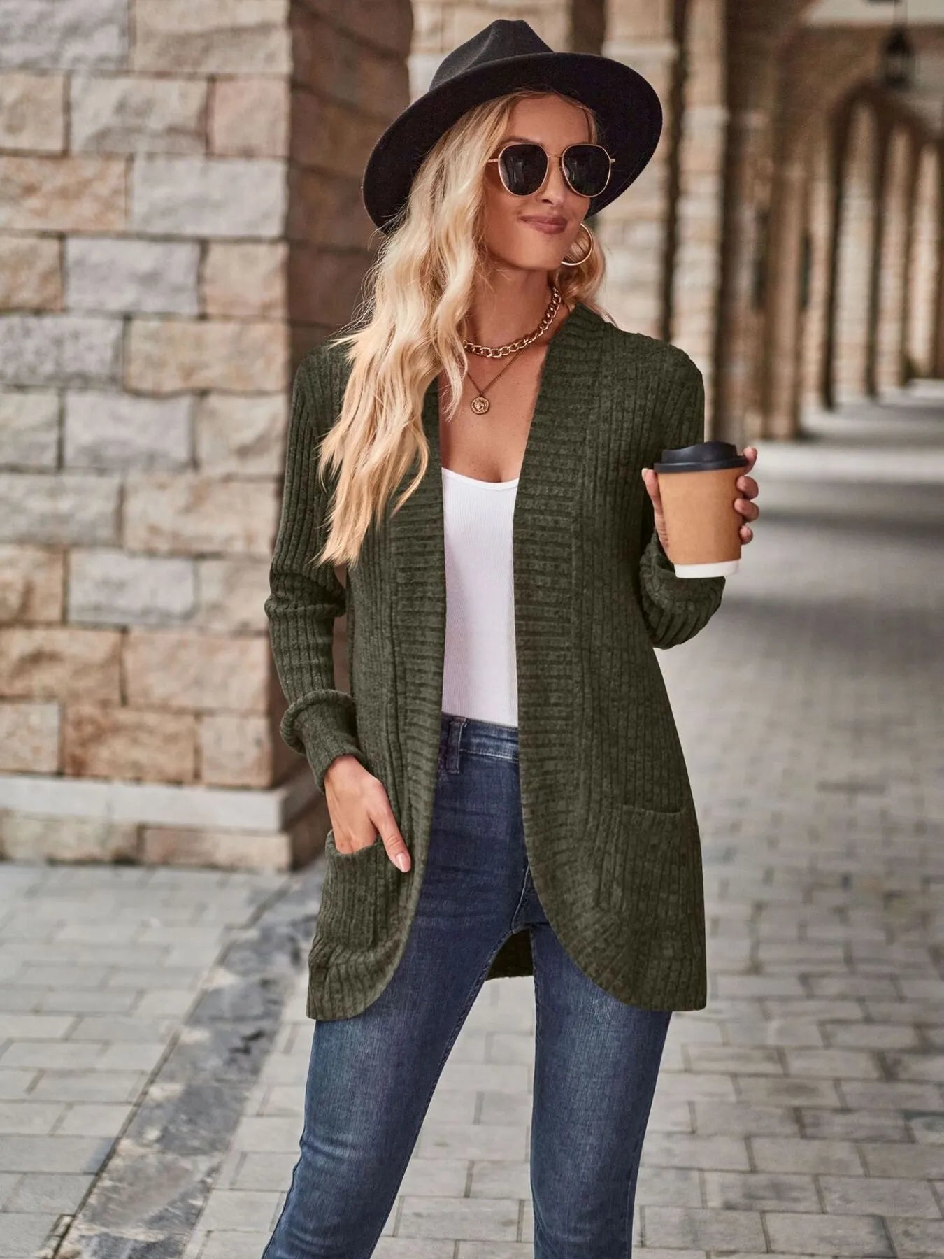 Ribbed Open Front Long Cardigan with Pockets - Tigbul's Variety Fashion Shop