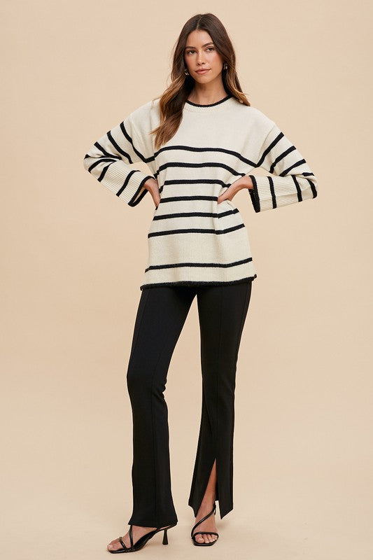 Ivory Side Slit Striped Round Neck Sweater - Tigbul's Variety Fashion Shop