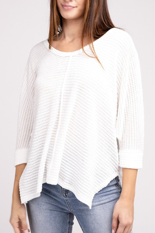 3/4 Sleeve V-Neck Hi-Low Hem Jacquard Sweater - Tigbul's Variety Fashion Shop