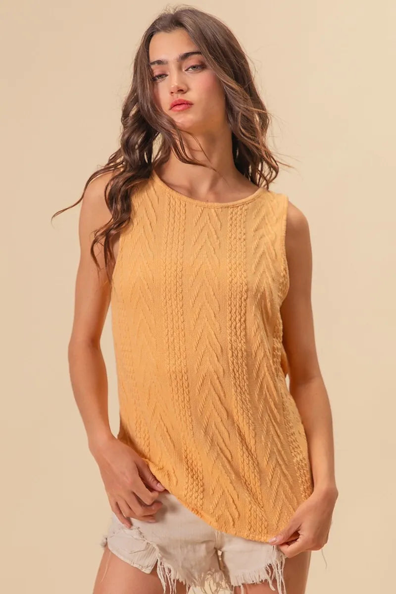Textured Sweather Knit Twist Back Sleeveless Yellow Top - Tigbul's Variety Fashion Shop
