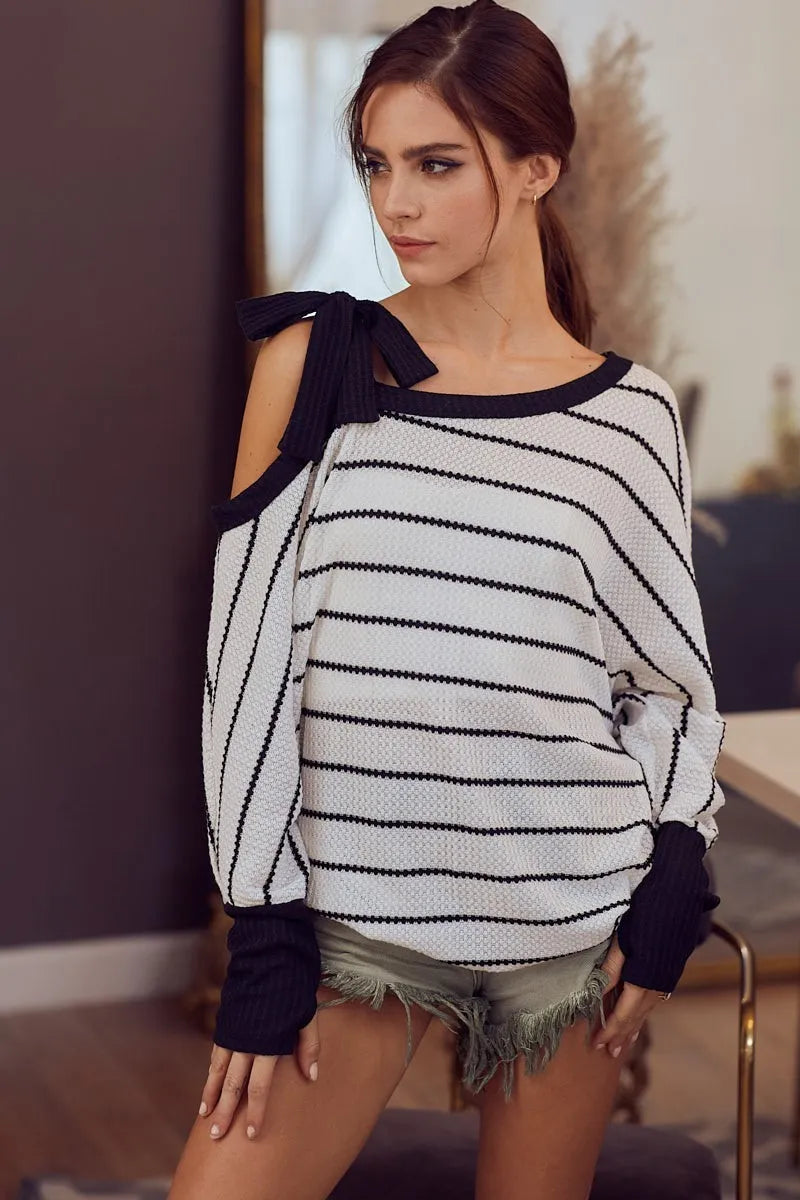 Stripe Yarn Dye Waffle One Shoulder Ribbon Detail Top - Tigbul's Variety Fashion Shop
