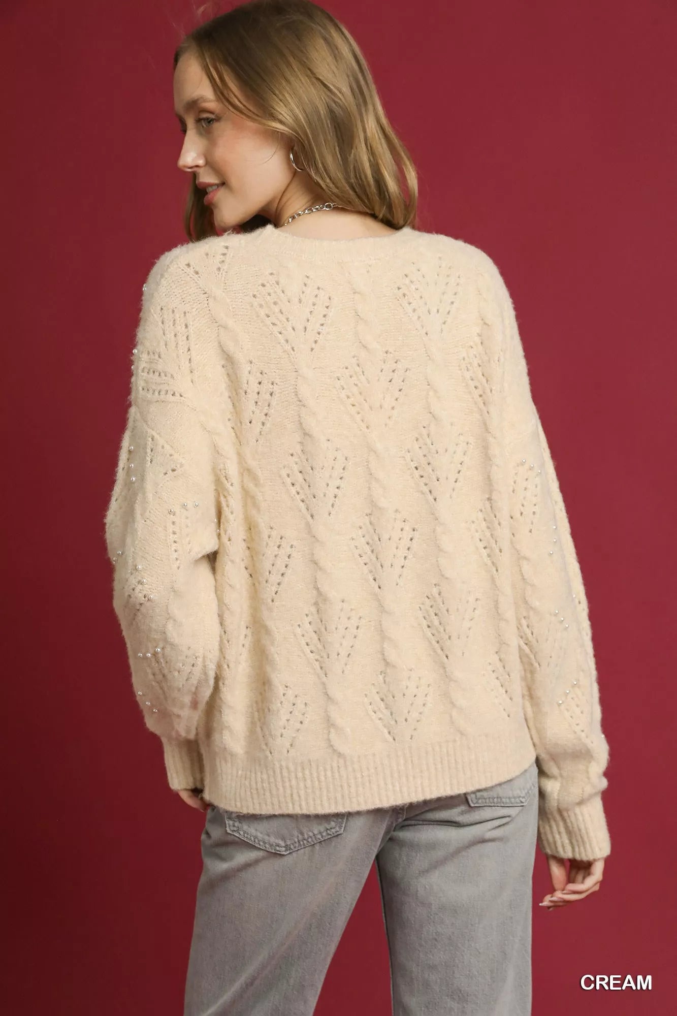 Umgee Pearl-Embellished Long Sleeve Sweater - Tigbul's Variety Fashion Shop