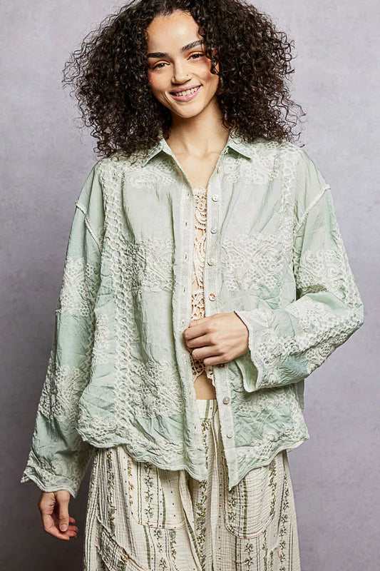 POL Embroidery Button Down Long Sleeve Shirt - Tigbul's Variety Fashion Shop