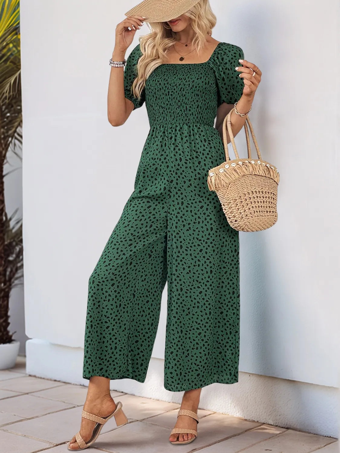 Printed Square Neck Puff Sleeve Jumpsuit - Tigbul's Variety Fashion Shop