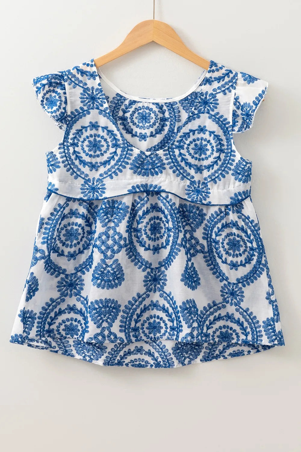 Boho Print Ruffled Cap Sleeve Crew Neck Blue Blouse - Tigbul's Variety Fashion Shop